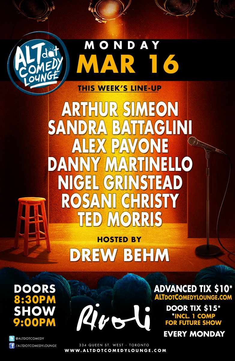 ALTdot COMedy Lounge (@altdotcomedy) on Twitter photo Tonight! The ALTdot Comedy Lounge at the Rivoli. With MC <a href="/drewbehm/">Drew Behm</a> <a href="/ArthurSimeon/">Arthur Simeon</a> <a href="/sandrabatt/">sandra battaglini</a> @MrAlexPavone <a href="/DannyMartinello/">Danny Martinello</a> <a href="/NigelGrinstead/">Nigel</a> Rosani Christy and @dogtorted
More info and tix: ow.ly/iGBg30nS7Fr Tonight! The ALTdot Comedy Lounge at the Rivoli. With MC <a href="/drewbehm/">Drew Behm</a> <a href="/ArthurSimeon/">Arthur Simeon</a> <a href="/sandrabatt/">sandra battaglini</a> @MrAlexPavone <a href="/DannyMartinello/">Danny Martinello</a> <a href="/NigelGrinstead/">Nigel</a> Rosani Christy and @dogtorted
More info and tix: ow.ly/iGBg30nS7Fr