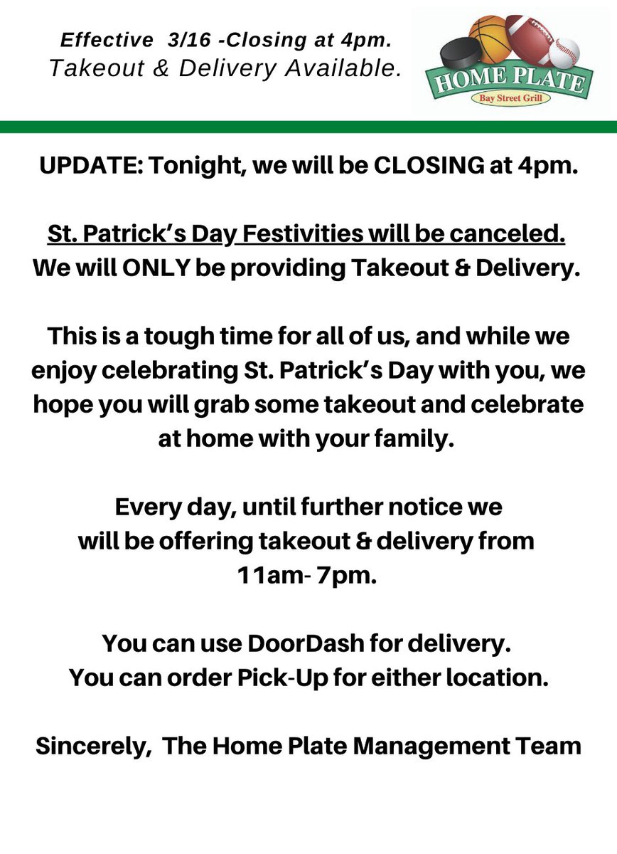 Homeplate_MA's tweet photo. Effective today 3/16, we are closing at 4pm.
We are offering takeout &amp; delivery everyday 11a-7pm
Order online or by calling

➡️https://t.co/AL4oji6Lma
Taunton: 508-823-1000
Norton: 508-952-2225 https://t.co/fBHKn4JhdQ