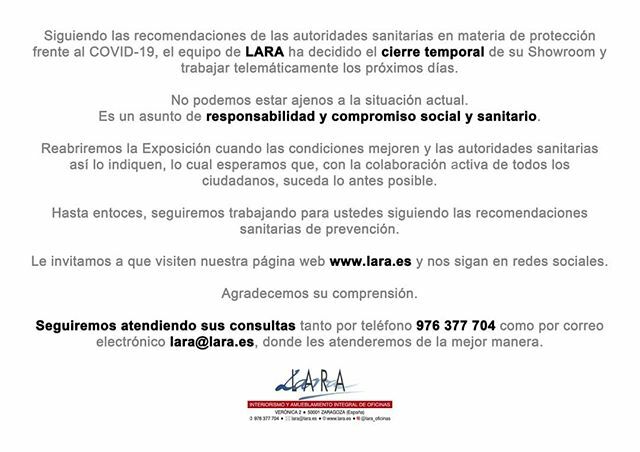 📢 COMUNICADO: Siguiendo las recomendaciones de las autoridades sanitarias en materia de protección frente al COVID-19, el equipo de @lara_oficinas ha decidido el cierre temporal de su #ShowroomLara y trabajar telemáticamente los próximos días.

No po… ift.tt/2QiLVP2