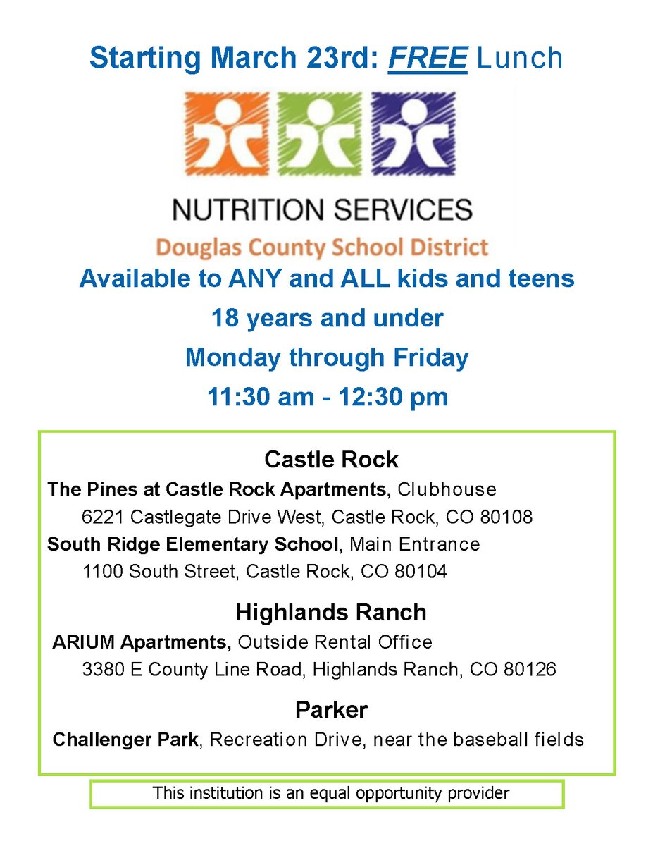 Starting Monday, March 23, free lunch will be available to any and all kids and teens 18-years-old or younger. Lunches will be distributed at different locations Monday through Friday, 11:30 a.m. - 12:30 p.m.