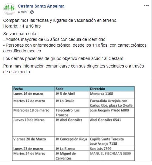 LoreMQ's tweet photo. Comparto información del Cesfam Santa Anselma #lacisterna que reorganizó proceso de vacunación. Buena decisión para corregir lo sucedido hoy en la mañana. https://t.co/0GOhhNCHmE
