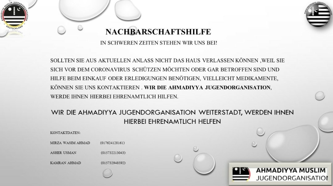 MKA_Weiterstadt's tweet photo. Wir die Ahmadiyya Jugendorganisation Weiterstadt werde ihnen hierbei ehrenamtlich Hilfen
@weiterstadt_de @alislam @MKA_RSH @WeiterstadtNews @DeutscheWelle @Stadt_Darmstadt 
@KhuddamDE @CDU_Weiterstadt https://t.co/CyafnMl8kW