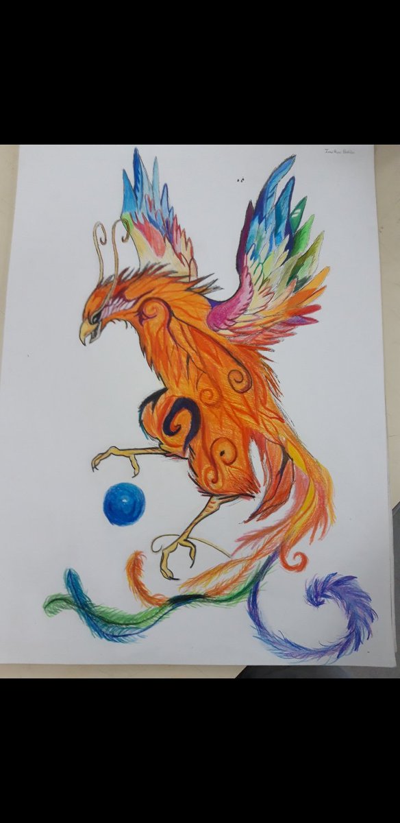 Cau2A's tweet photo. Dibujo de un Fenix realizado con lápices de colores. Hecho por Iván Palao 
#Fenix #art #2bach https://t.co/pu9X4IBLvm