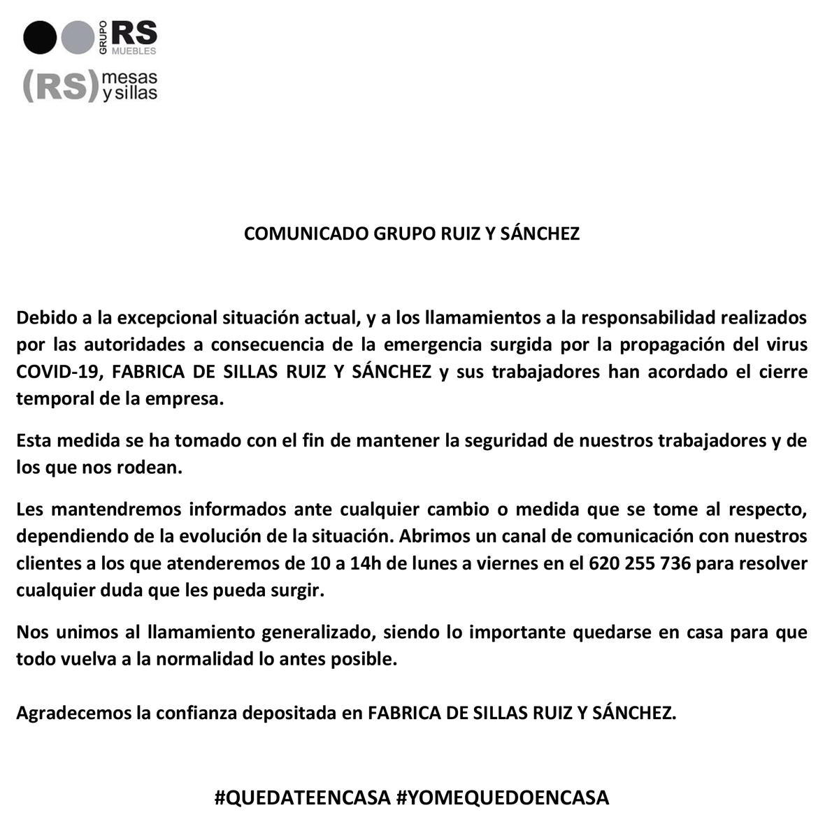 ruizysanchez's tweet photo. COMUNICADO OFICIAL COVID 19 |

Os informamos que cerramos nuestra empresa temporalmente debido a la situación excepcional actual. Pero abrimos un canal de comunicación vía telefónica con horario de lunes a viernes de 10.00h a 14.00h.

☎️Tlf. de contacto: 620 255 736 https://t.co/dXL2V7RXfT