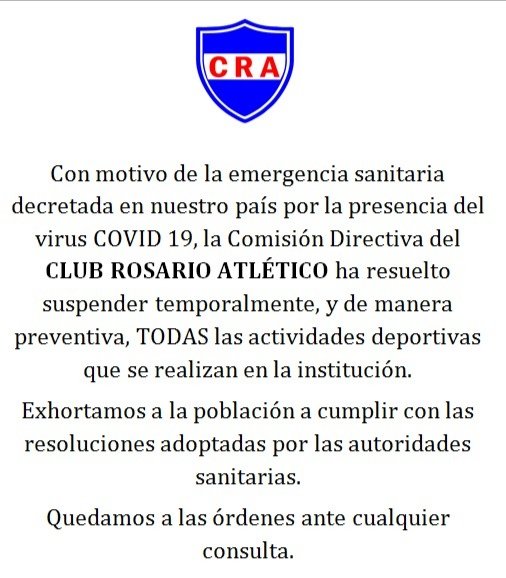 CRAoficial's tweet photo. Quedan suspendidas las actividades de la institución. https://t.co/3JUUrqHLG9
