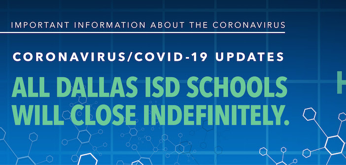 dallasschools's tweet photo. Dallas ISD schools will close indefinitely to help combat the spread of the coronavirus.

But our mission continues and we are activating at-home learning and will continue providing meals at select schools. 

Learn more: https://t.co/ukhEiUu8E3 https://t.co/D4YzaTAw0M