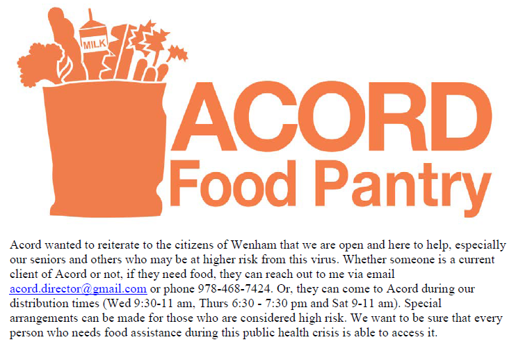 TownofWenhamMA's tweet photo. Please see the message from @AcordFoodPantry for Wenham residents.  Thank you for everything you do. https://t.co/pRvGm1zYvq