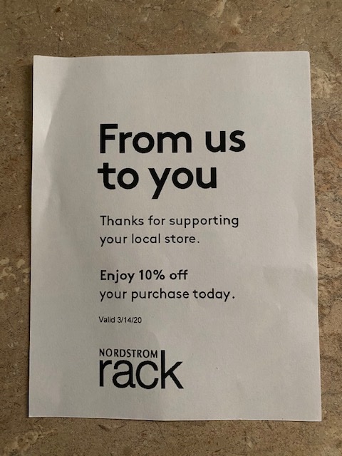RetailEye's tweet photo. @Nordstrom Rack stores making efforts in Washington St market to drive store sales this weekend $JWN #retail #retailapocalypse2020 #coronavirus #retailnews https://t.co/9dfkB2NuCr