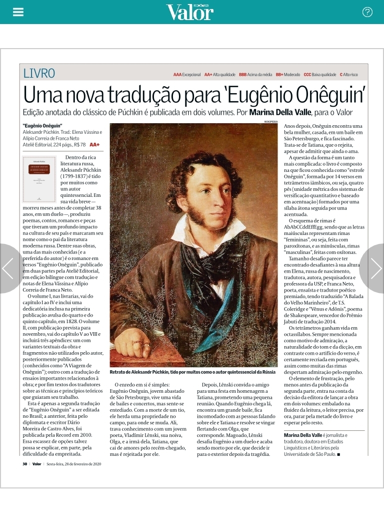 Eugênio Onêguin no Valor: 
atelie.com.br/livro/eugenio-…
#literaturarussa
#eugeniooneguin
#livros
@valoreconomico