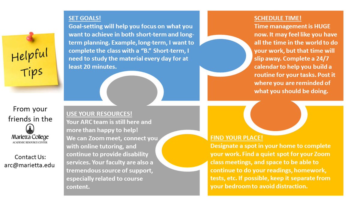 ARCatMC's tweet image. We are here for you! Our services will continue. You will hear soon about online tutoring support for your classes. We can also meet via Zoom. Email us at arc@marietta.edu to schedule an appointment.