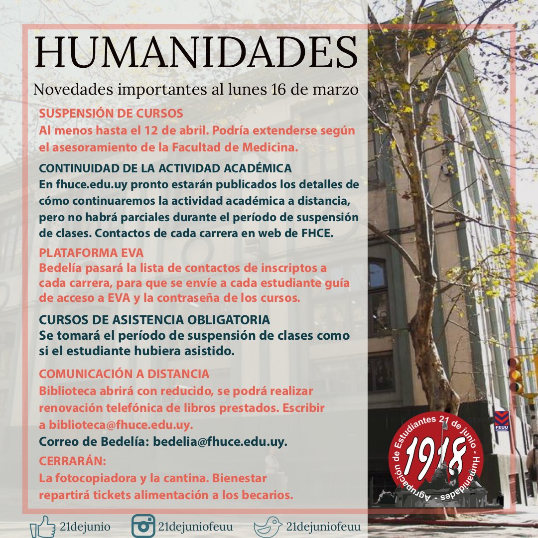 21dejunioFeuu's tweet photo. ⚠️⚠️ INFORMACIÓN IMPORTANTE ⚠️⚠️
Les dejamos información importante.
Agregamos que la Facultad y la Universidad crearon comités para abordar las situaciones que se vienen planteando en este periodo de suspensión de cursos. Escribinos para trasladar problemas.
#UdelaR #fhuce https://t.co/jMET6dvXAT