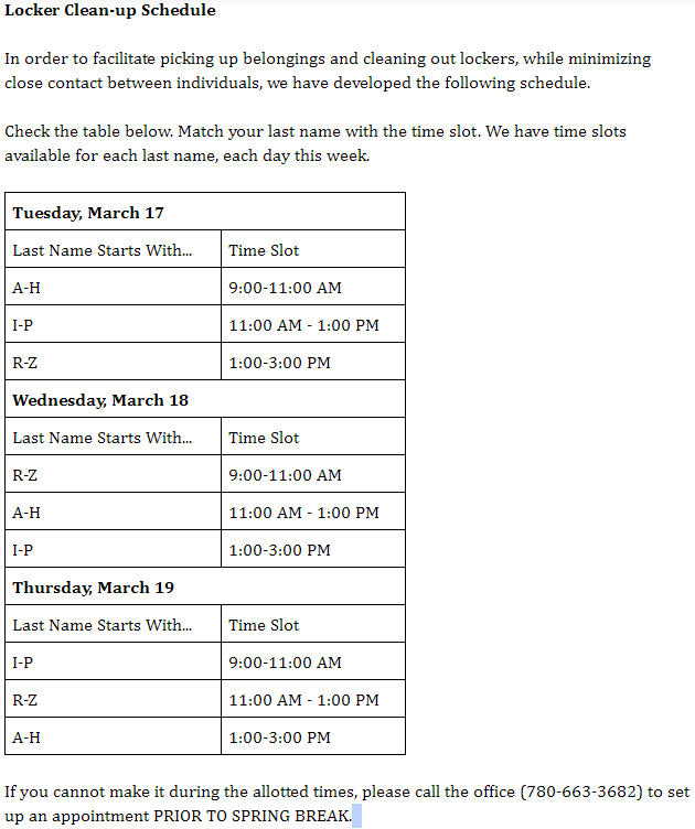 Students and parents, we have also developed a locker clean-up schedule. You can also find it at: ow.ly/f8iU50yNlMW