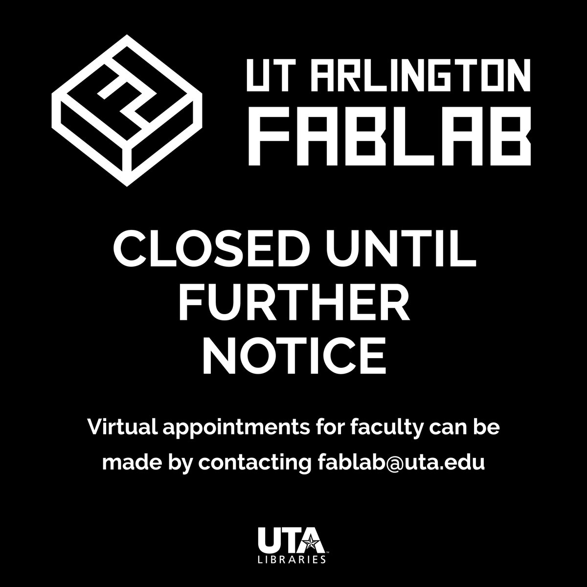 In response to the Coronavirus outbreak and need for social distancing, the FabLab will be closed until further notice.  Students can still access the specialized software in the space during the hours Central Library is open!
