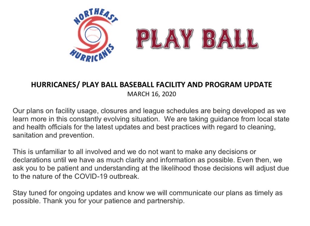 Official update on the status of Northeast Hurricanes/ Play Ball. The health of our athletes, coaches and staff is of paramount concern. Thank you for your patience and understanding throughout this process.