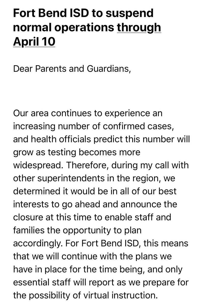  Our school district just extended closure through 4/10/20 and is moving forward with plans to implement virtual instruction.  @FBDemocrats  #FlattenTheCurveTX