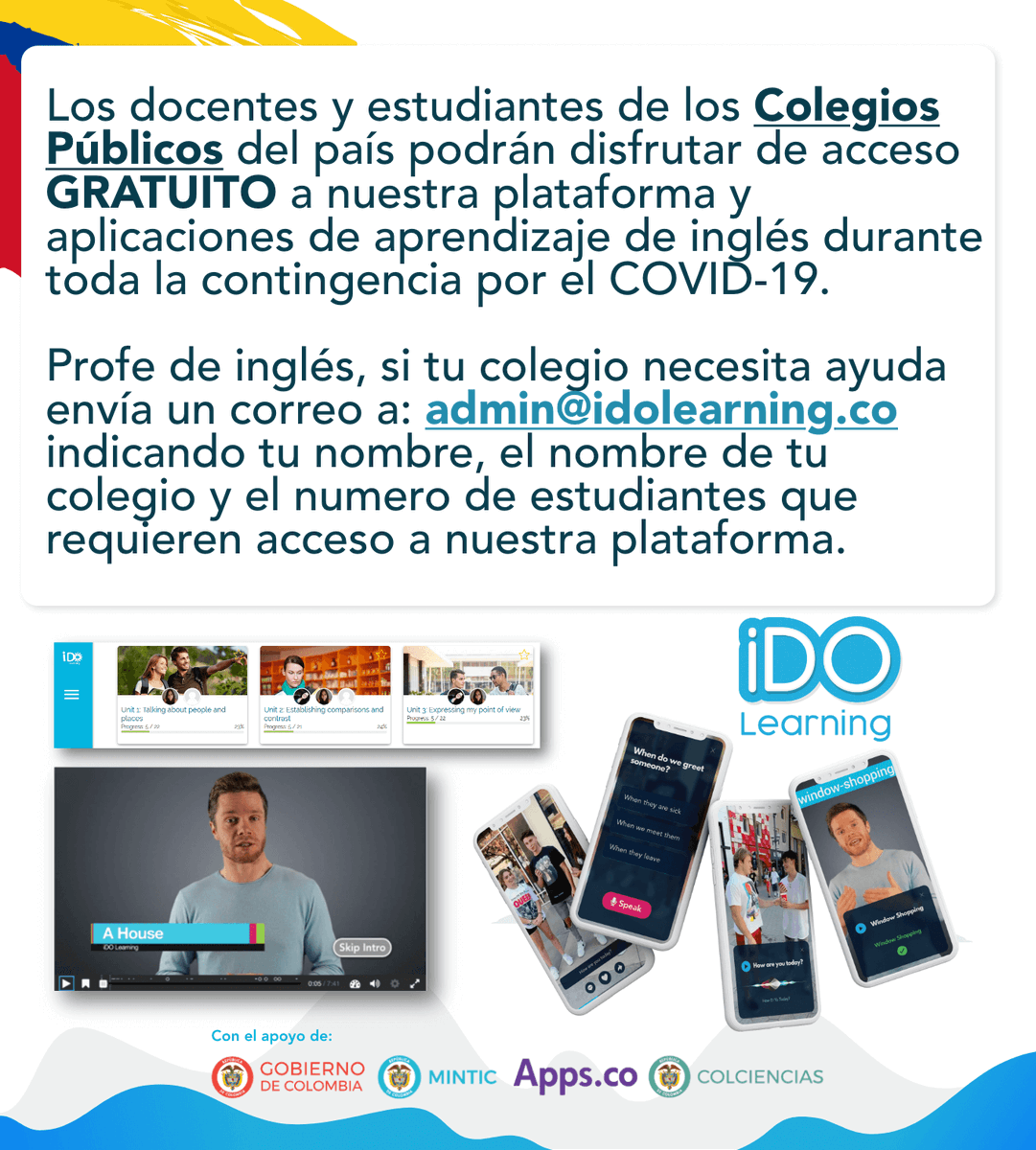 ido_learning's tweet photo. Today we graduate from @starupschool and launch a campaign to help public schools in Colombia tackle the COVID-19 crisis. We are giving our product away for free to every teacher and student in Colombia that asks for it. Just send an email to admin@idolearning.co. #SUS2020 https://t.co/ciTR9hK1t8