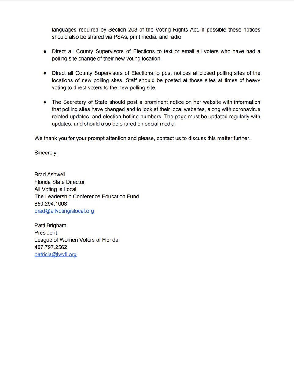 Screenshot of page 2 of the letter to Florida officials from All Voting is Local and the League of Women Voters of Florida.