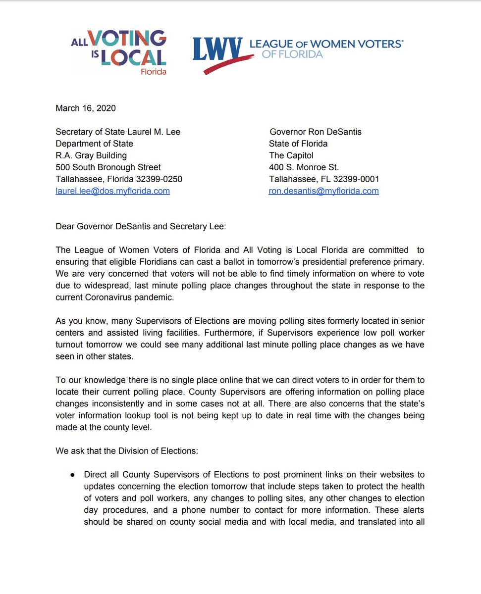 Screenshot of page 1 of the letter to Florida officials from All Voting is Local and the League of Women Voters of Florida.