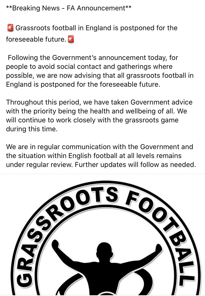 🚨Breaking News🚨

FA announce all grassroots football in England is postponed for the foreseeable future. Read 👇👇