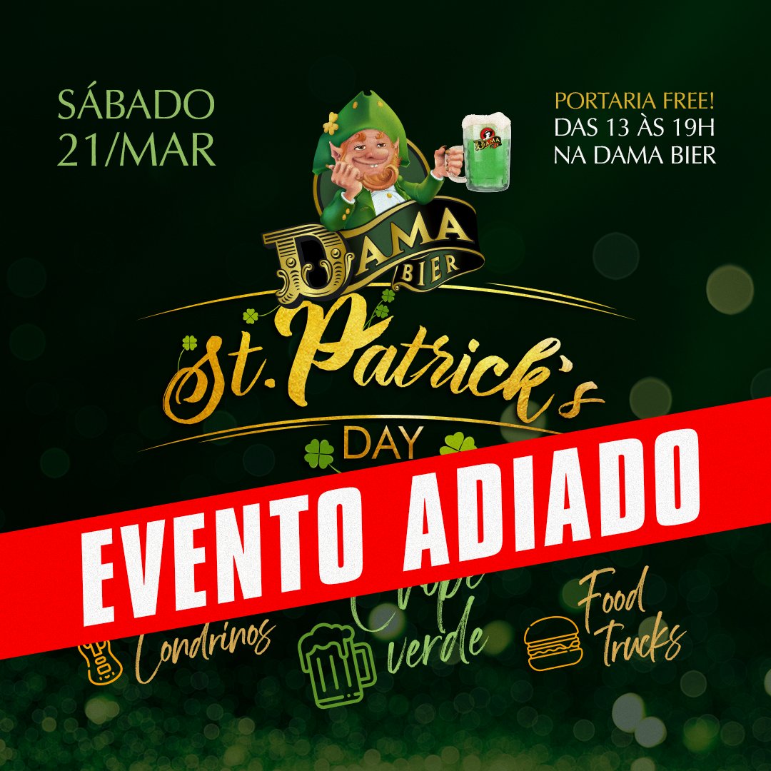 damabier's tweet photo. Em razão dos fatos atuais relacionados ao COVID-19, a melhor decisão agora é adiar o Dama Indoor St. Patrick's Day em respeito aos nossos clientes, funcionários e toda comunidade.
A nova data será divulgada em breve.
Agradecemos a compreensão. https://t.co/Xt2TATyFsz