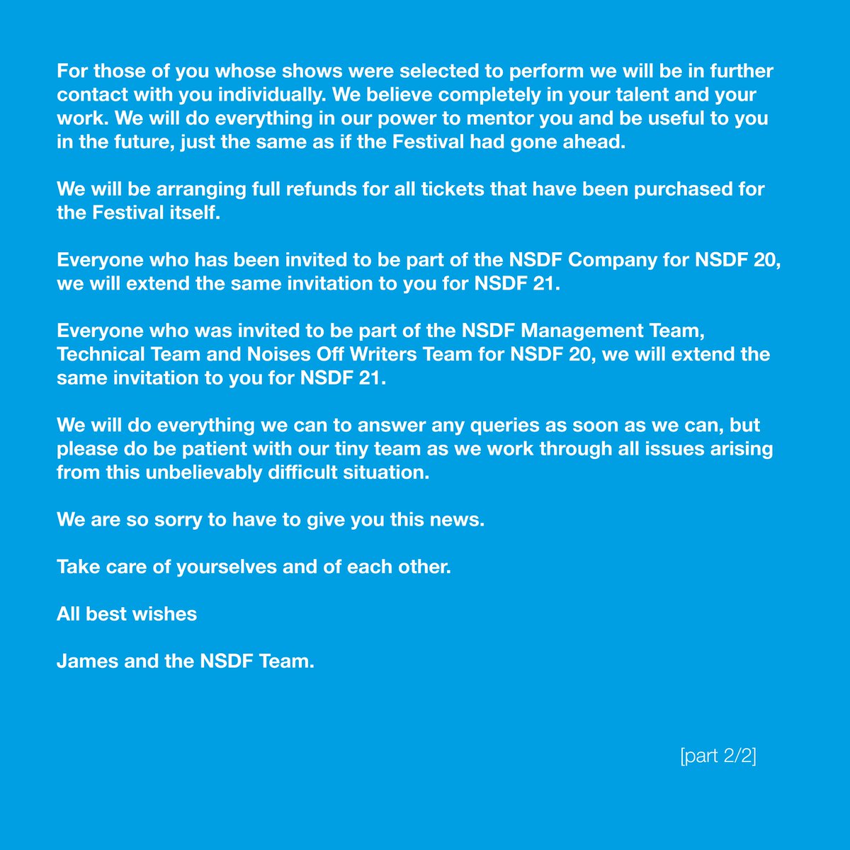 NSDFest's tweet photo. A statement about NSDF 20: it's heartbreaking but we will have to cancel the Festival this year. https://t.co/V6Pkb3SS51