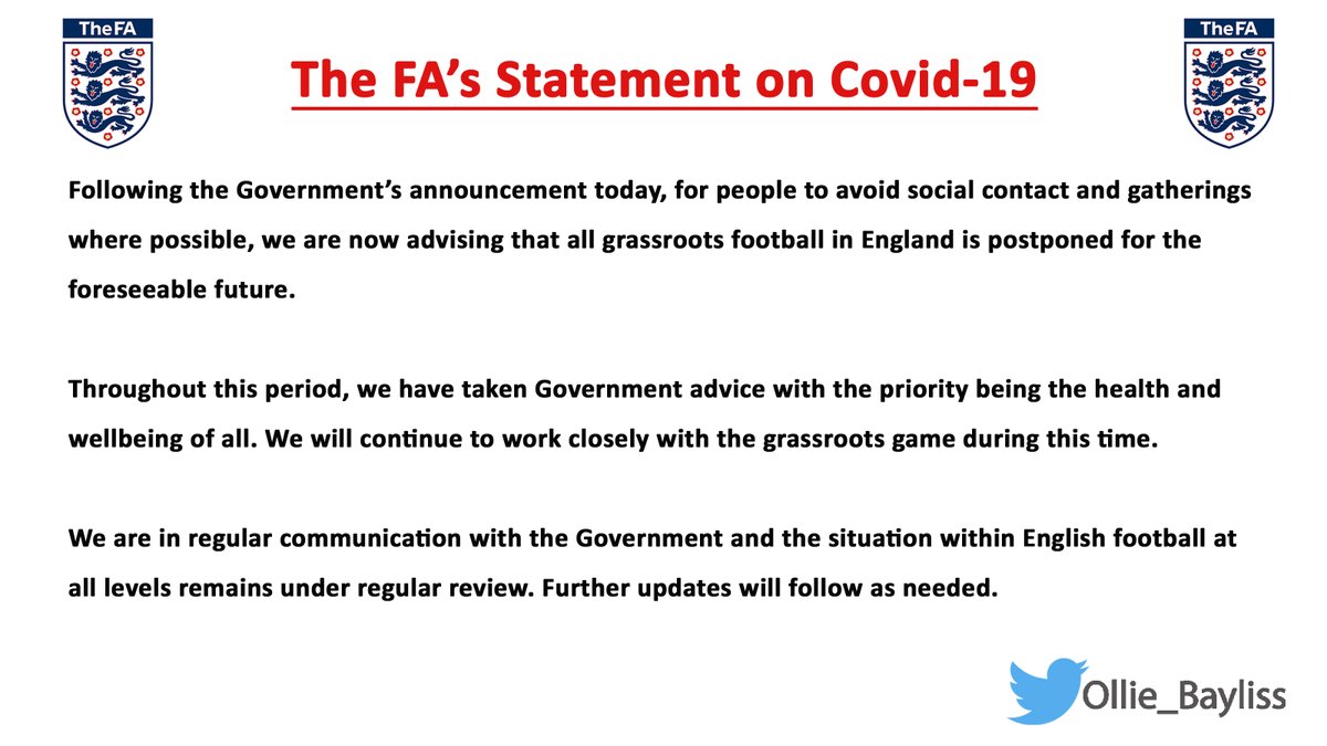 Ollie_Bayliss's tweet photo. The FA have released the following statement regarding football in England..... https://t.co/6BZsE15nxW