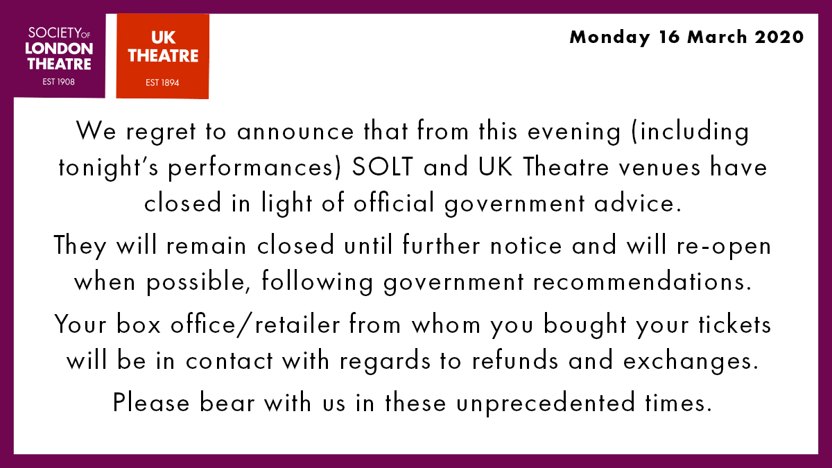 We regret to announce that from this evening SOLT and UK Theatre venues have closed in light of official government advice. Your box office/retailer from whom you bought your tickets will be in contact with regards to refunds and exchanges. Read more: olt.buzz/3UP