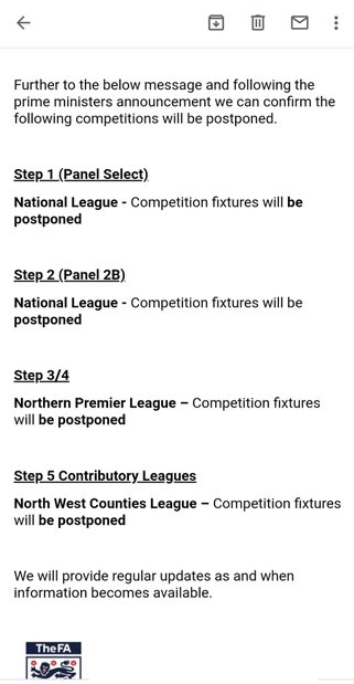 Ollie_Bayliss's tweet photo. The @FA have distributed this email confirming that all non-league football has now been suspended..... https://t.co/4aEneWHRMx