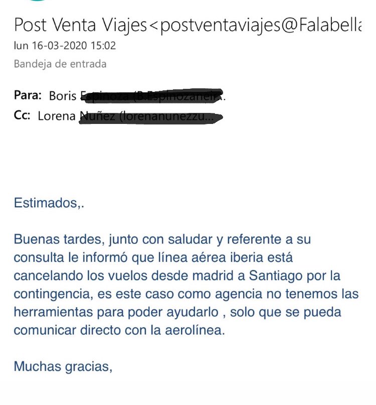 LoreMabele's tweet photo. Esto es broma ? @viajesfalabella @SERNAC consultamos por todos los medios, contratamos un servicio con ustedes no con @Iberia... Tres dias después del primer correo se dignan a responder por un servicio ya cancelado en su totalidad ! No compren nada ! Con ellos ! https://t.co/Wx0Kgp9Mbm