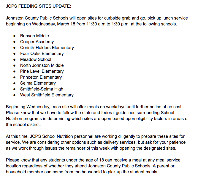 JCPS_NC's tweet photo. JCPS FEEDING SITES UPDATE:

Johnston County Public Schools will open sites for curbside grab and go, pick up lunch service beginning on Wednesday, March 18 from 11:30 a.m to 1:30 p.m. at 11 schools. https://t.co/tvb7HoViSg