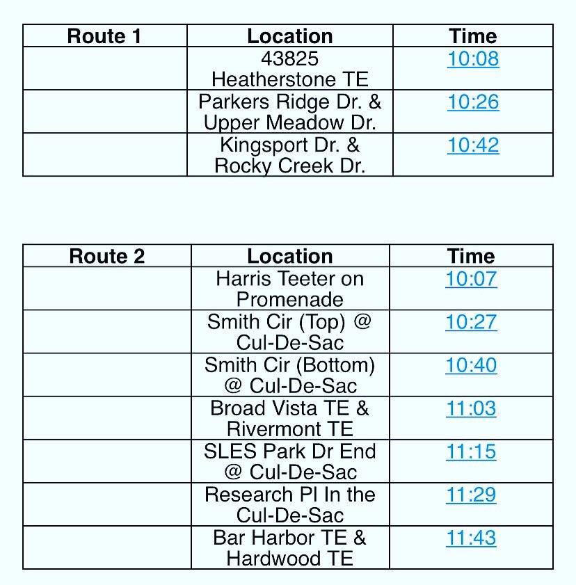 RiversideLCPS's tweet photo. #RAMily...two options to get Breakfast and Lunch: 1-come to RVHS between 8-1 ,—-OR—2-meet the LCPS 🚌 Bus (see chart/picture) at designated places/times for drop off meals https://t.co/Ta1ppTelOk