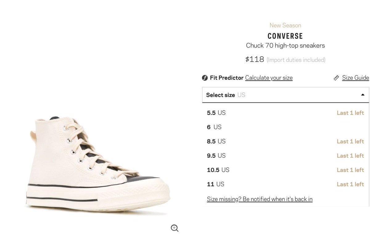 converse fear of god size chart online