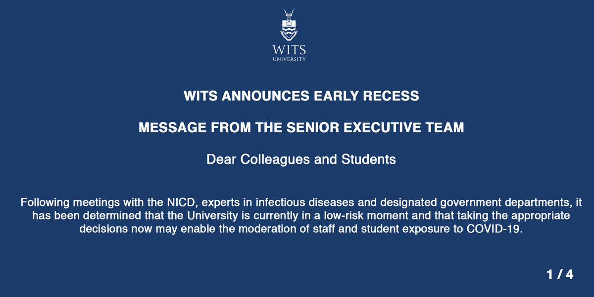 WitsUniversity's tweet photo. ❗️❗️URGENT NOTICE: 

WITS ANNOUNCES EARLY RECESS

Dear Colleagues and Students please read the following important message from the Senior Executive Team below:

[ THREAD 1/4 ]  
#CoronaVirusSA #CoronaVirusUpdates #WitsUniversity https://t.co/vKwghk6B5U