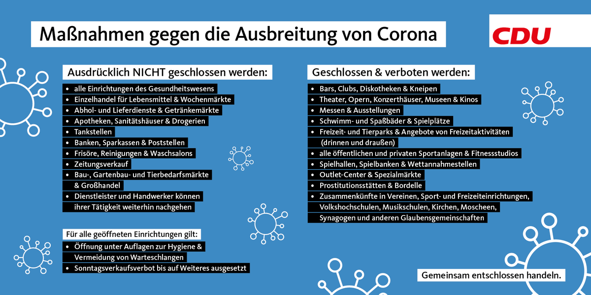 Angela #Merkel, die Bundesregierung &amp; die Regierungschefs der Bundesländer haben heute weitere Maßnahmen vereinbart, um die Ausbreitung des #Coronavirus zu verlangsamen.

Wir müssen gemeinsam entschlossen handeln. #COVID19de 

Alle Maßnahmen im Überblick 👉