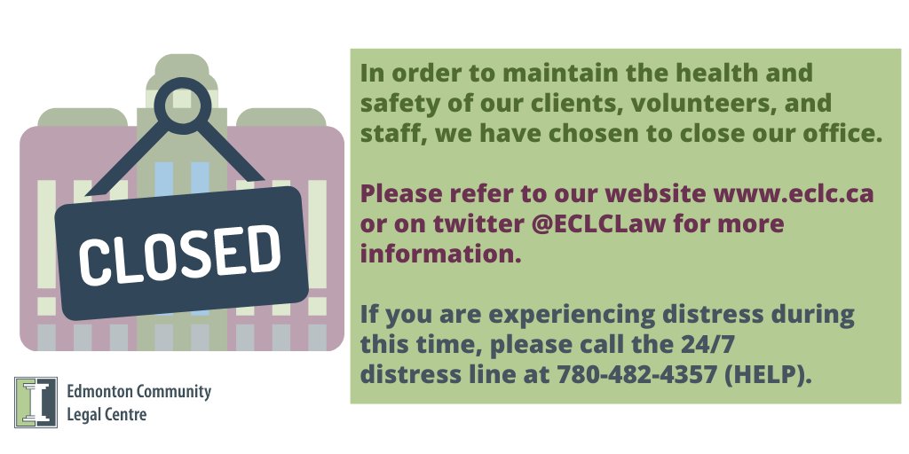ECLCLaw's tweet photo. In order to maintain the health and safety of our clients, volunteers, and staff, we have chosen to close our office. Please refer to our website https://t.co/FsPgXVcL2u or here twitter for more information. 

#legalelp #yeglawyers #edmonton #a2j https://t.co/TB0wXnAv0j