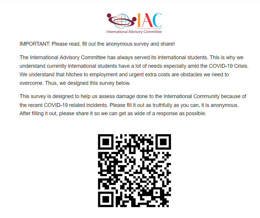 ou_iac's tweet photo. Please fill out the survey and retweet 
https://t.co/7i8d22nDnW

@DiversityOU @goglobalOU @OUDaily https://t.co/97JFUicXLu