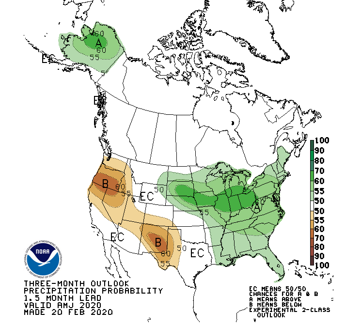 DoubleJ_Ag's tweet photo. Today we are about 35-40 days from planting 2020 Corn in CO. Here is NOAA's April, May, June Precip. Prediction. https://t.co/NKn3yeRCzs