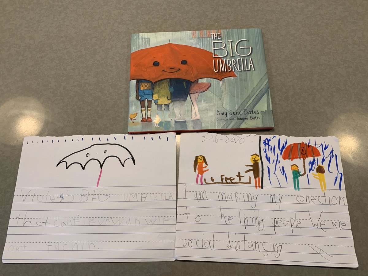 Reading and writing with Amy June Bates' The Big Umbrella today on Day One. Grateful for literature that provides a starting point for important discussions in our home. #FlattenTheCurve