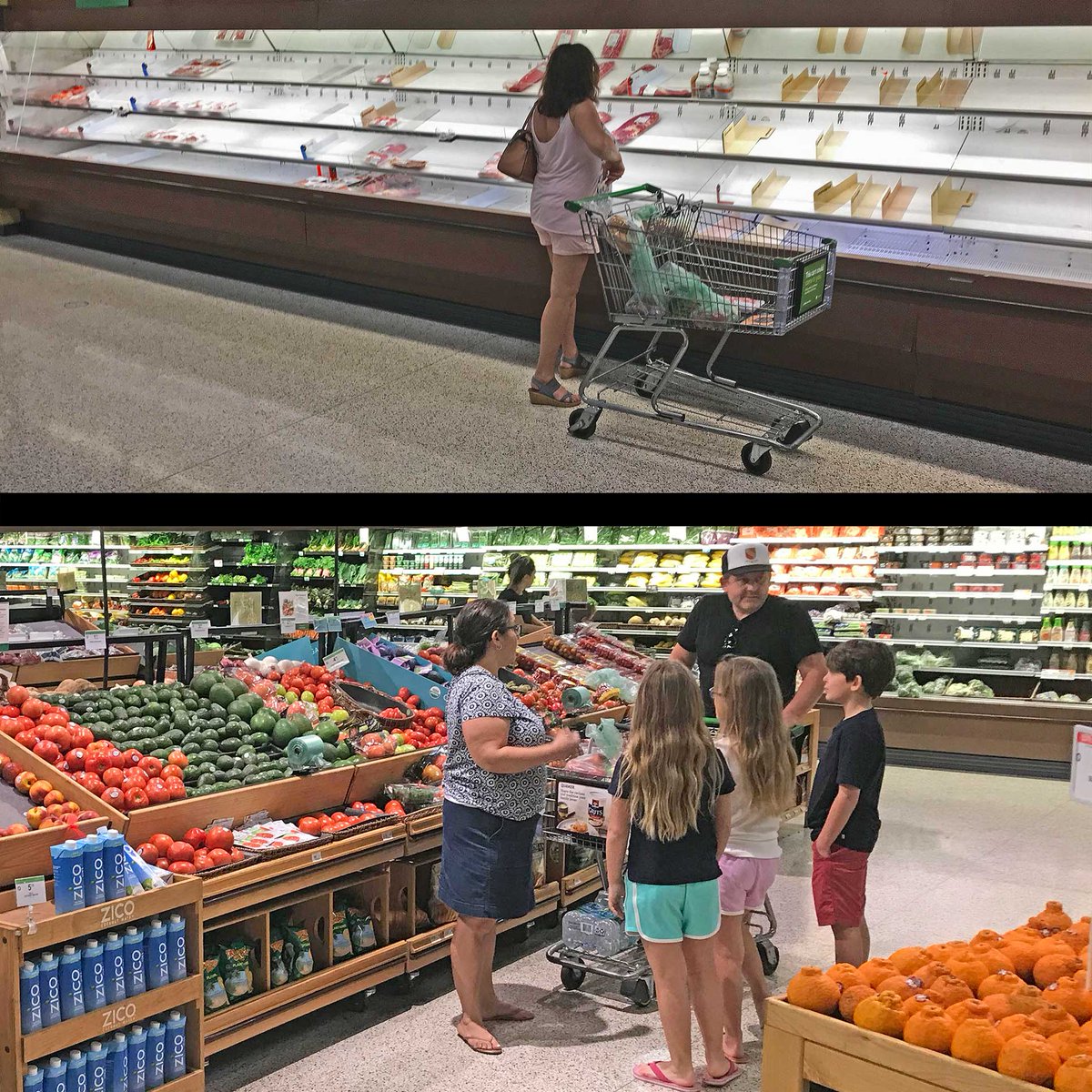koretzky's tweet photo. Went grocery shopping today. These two photos tell you everything you need to know about the American diet: The meat aisle was sold out, but the produce section was plentiful. COVID-19 might kill you, but your diet will definitely kill you. https://t.co/dfKotOqiCo