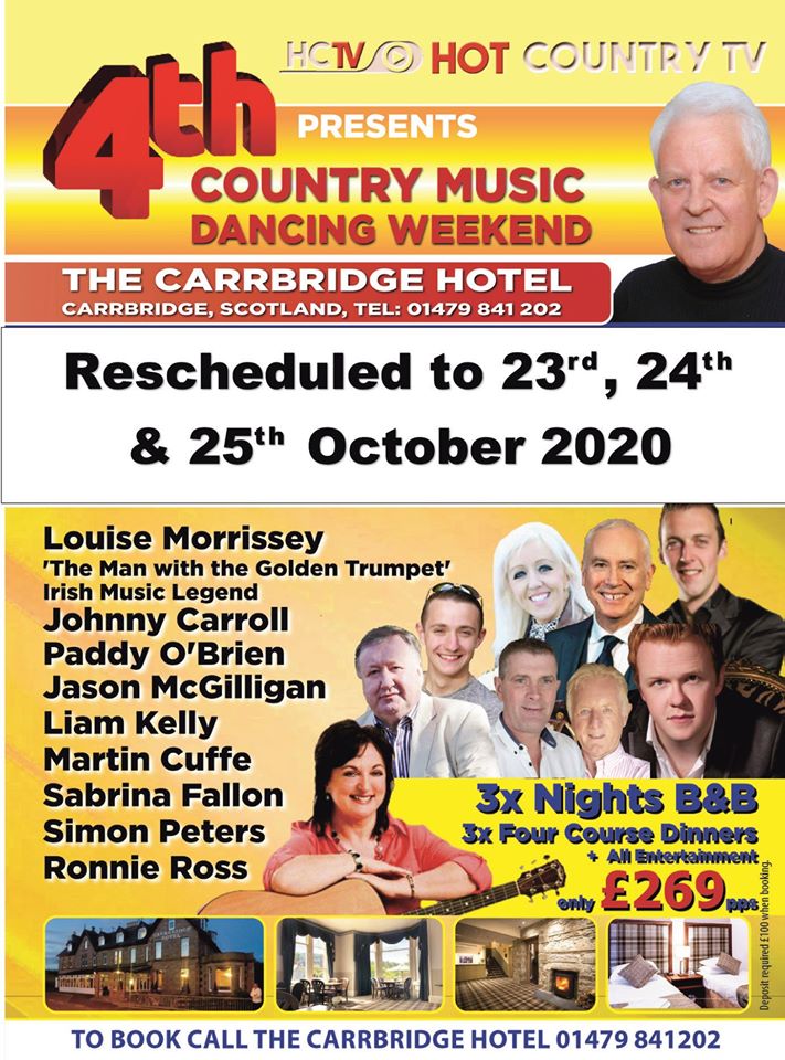 HotCountryTV2's tweet photo. Hi there, 
Due to the Covid -19 Pandemic, we regret to inform you that our country music weekend at the Carrbridge Hotel, 3rd, 4th and 5th April 2020 has now been rescheduled to 23rd, 24th and 25th October 2020. https://t.co/kH3npmSlDA