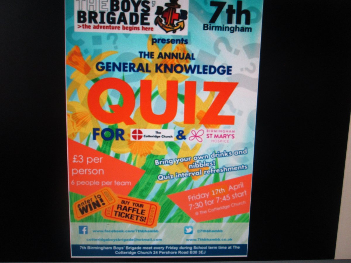 7thBhamBB's tweet photo. Our General Knowledge Quiz due to be held on the 17th April has been cancelled due to the virus.We hope it can take place later in the year. https://t.co/3gJxZNFH7r