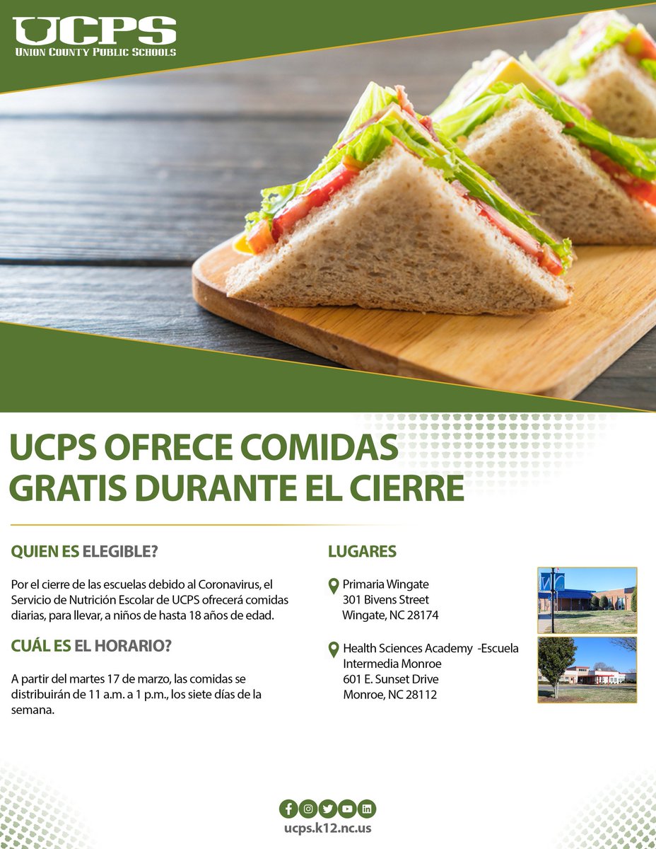UCPS is serving pick up and go meals for ages 18 and under starting tomorrow. Come out to Wingate Elementary or Monroe MS from 11-1,  7 days a week. #TeamUCPS @APShanda <a href="/educatingall/">Maxie Johnson Jr</a> <a href="/Renee_McKinnon1/">𝓡𝓮𝓷𝓮𝓮 𝓜𝓬𝓚𝓲𝓷𝓷𝓸𝓷, 𝓔𝓭.𝓓.💫</a> <a href="/AGHoulihan/">Andrew G. Houlihan</a> @UCPS_MonroeNC