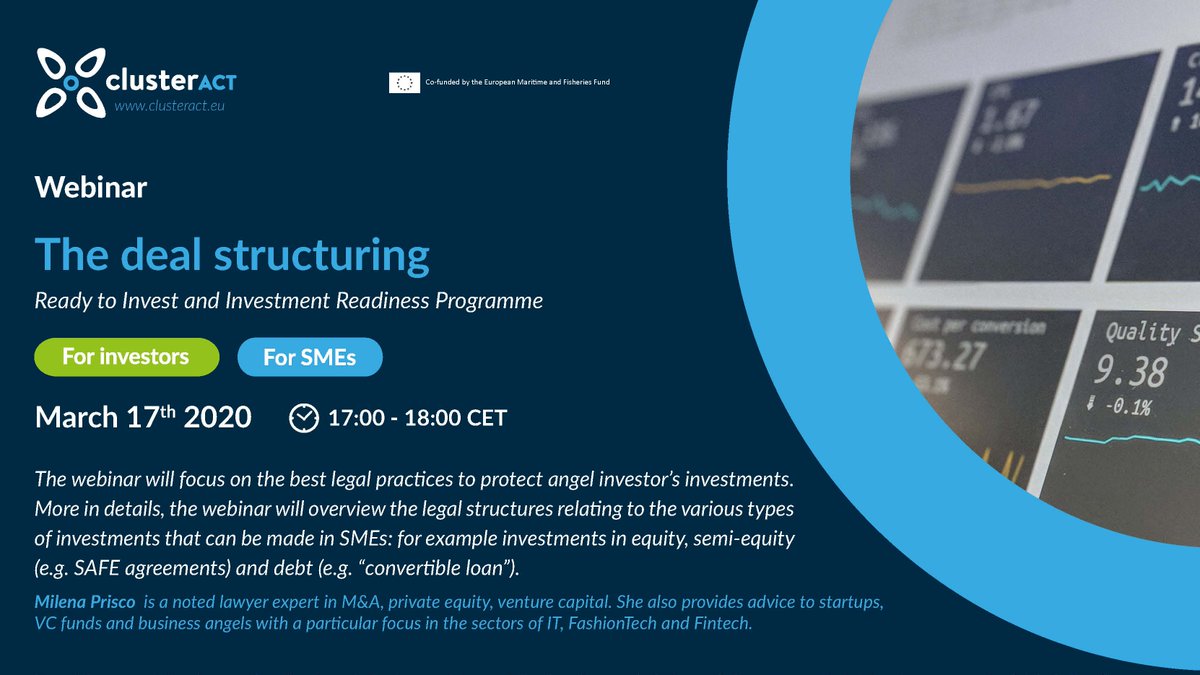 ClusterACT's tweet image. Double session of #webinars for tomorrow! At 17:00 CET ⏰(in Italian) Milena Prisco, lawyer expert in M&amp;amp;A will explain legal structures for investments in #SMEs 💰 Do not miss the opportunity to learn about legal best practices ⚖️ #BlueGrowth #ClusterACT bit.ly/2WhEeN5
