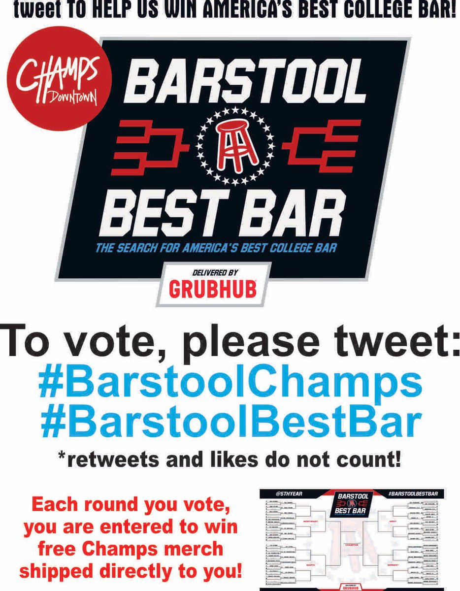 Champs Downtown On Twitter Round 2 Is Live Champspennstate Barstoolbestbar Barstoolchamps Every Vote Is Entered To Win Free Champs Merch Shipped Direct To Winners Psubarstool Champsvseverybody Statevseverybody Https T Co Uslxocuqp9