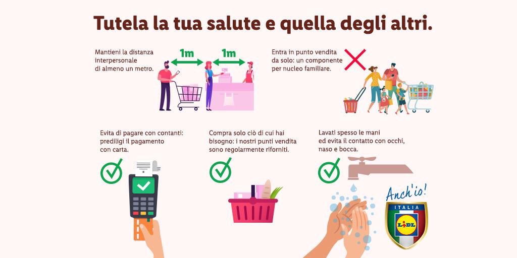 LidlItalia's tweet photo. Anche quando fai la spesa, comportati responsabilmente: si tratta di piccoli gesti che contribuiscono a tutelare la tua salute e quella dei nostri collaboratori che, anche in questo momento particolare, sono sempre pronti ad accoglierti con il sorriso. https://t.co/hJ27FXPcQx