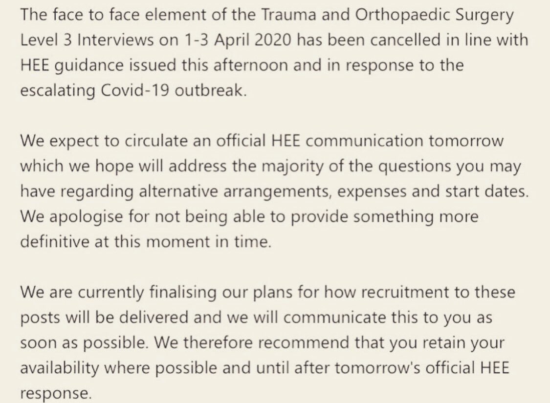 Face to face speciality interviews are not happening. We know that many of you have worked hard and are disappointed. HEE should be sending out official comms re: this on the 17th &amp; inform you as soon as they have finalised the recruitment process. We will try to keep you updated