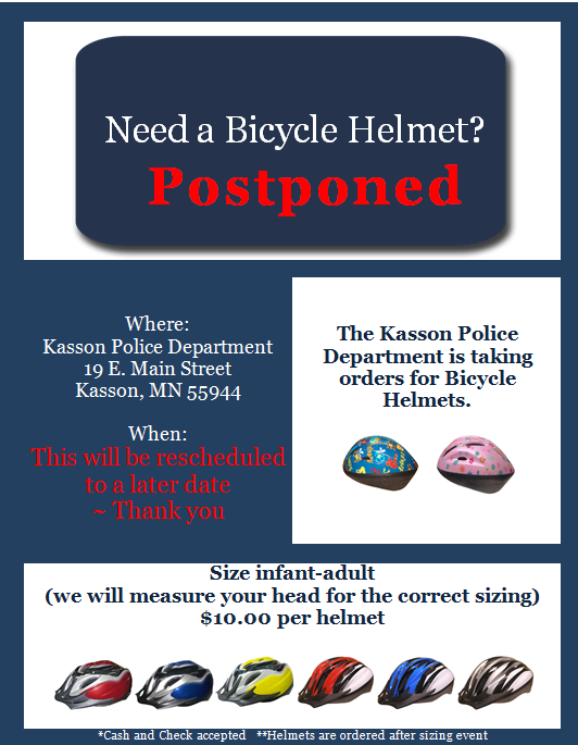 KM_CommunityEd's tweet photo. The bike helmet fitting event put on by the Kasson Police Department has been postponed to a later date TBD. https://t.co/HIsVV0sBb9