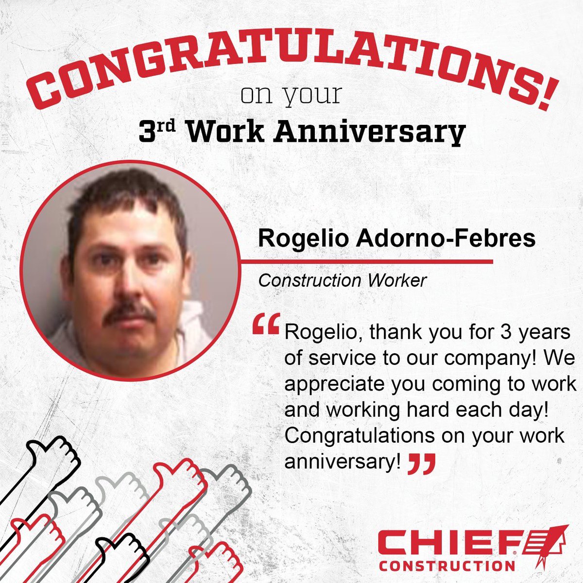 ChiefConst54's tweet image. Congratulations on your 3rd #WorkAnniversary, Rogelio! We appreciate all of the hard work you put in each day! #LeadLikeChief #ChiefConstruction
