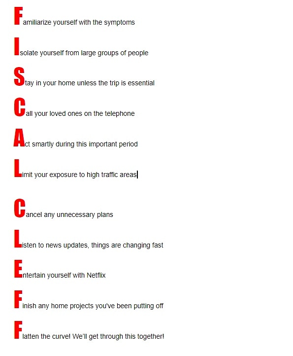 fiscalcleff's tweet photo. We are hoping all of our fans are feeling ok and taking precautions during this time.
We've created a helpful reminder for you all to print out and post all over your houses and offices!
#fiscalcleff #covid_19 #coronavirus #selfisolate #quarantine https://t.co/D6tgaruYK6