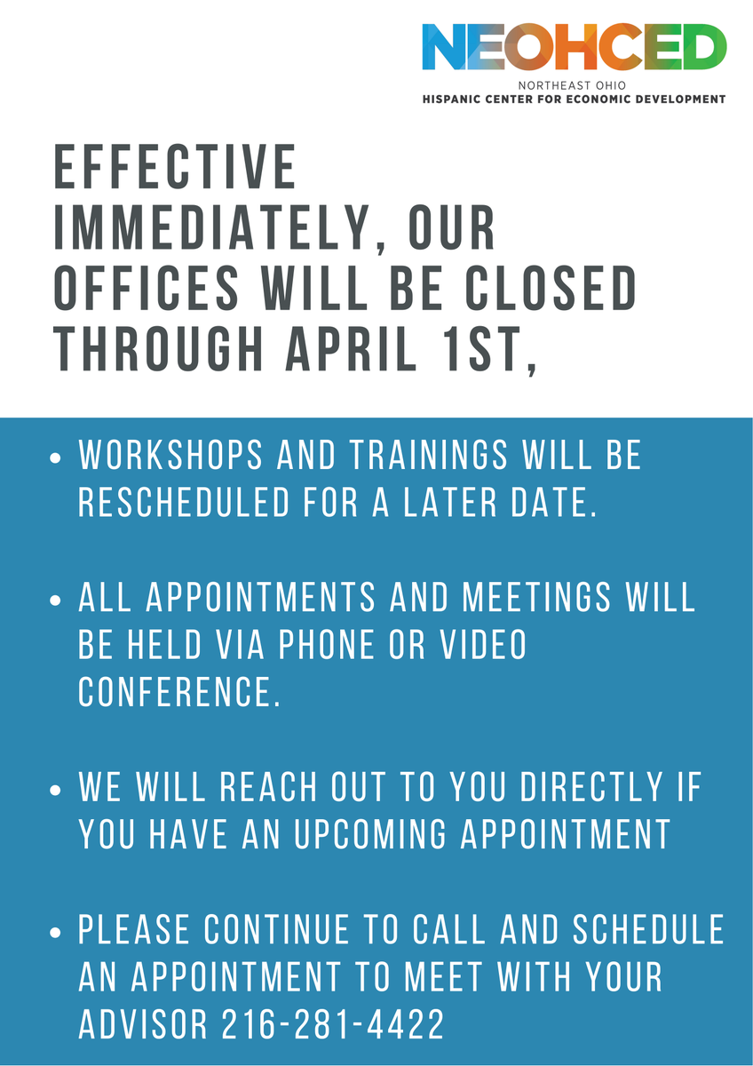 neohcc's tweet photo. COVID-19 Update: NEOHCED (Hispanic Business Center &amp; Hispanic Chamber of Commerce) will close our offices effective immediately through April 1st. We will continue to monitor the situation as necessary. https://t.co/1pBxjtjwKg